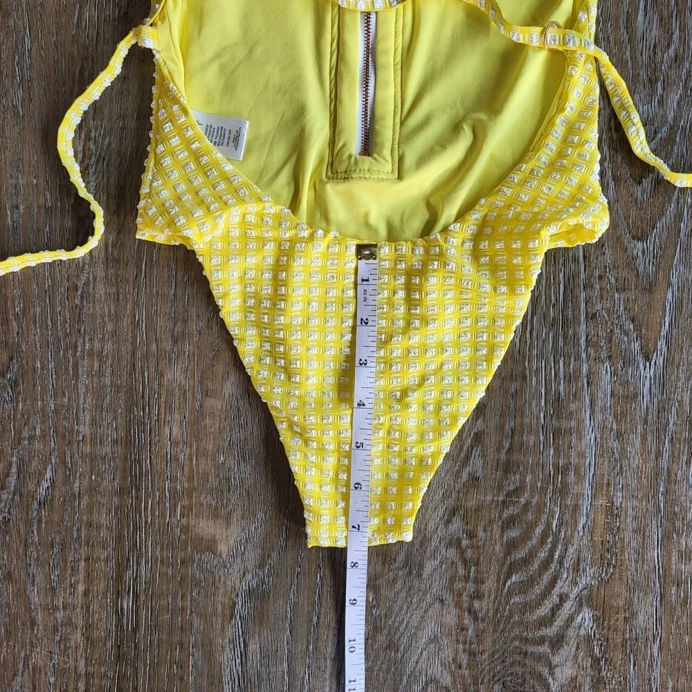 Blue Life Yellow Gingham Textured Zip Front One Piece Swimsuit Small Tie Back